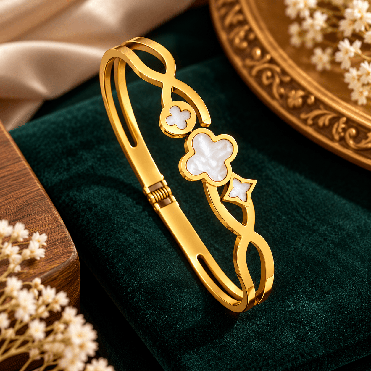 Elegant Gold Tone Infinity Bracelet with White Floral Charms for Women