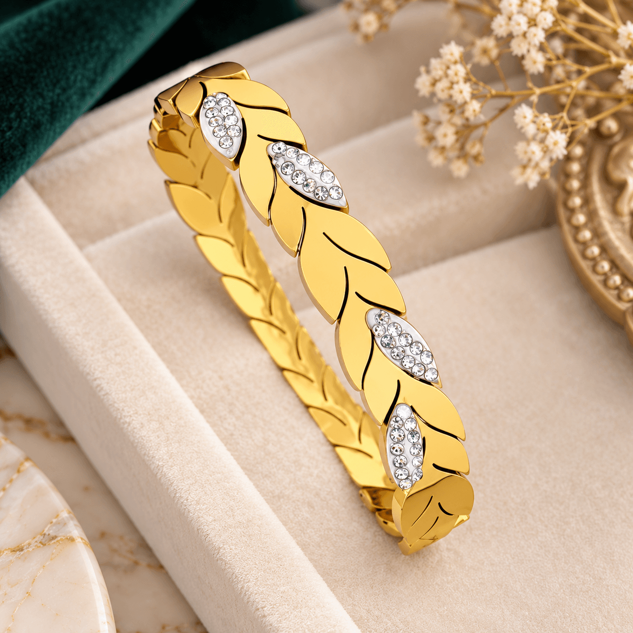 Elegant Gold Leaf Design Bracelet with Sparkling White Stones for Women