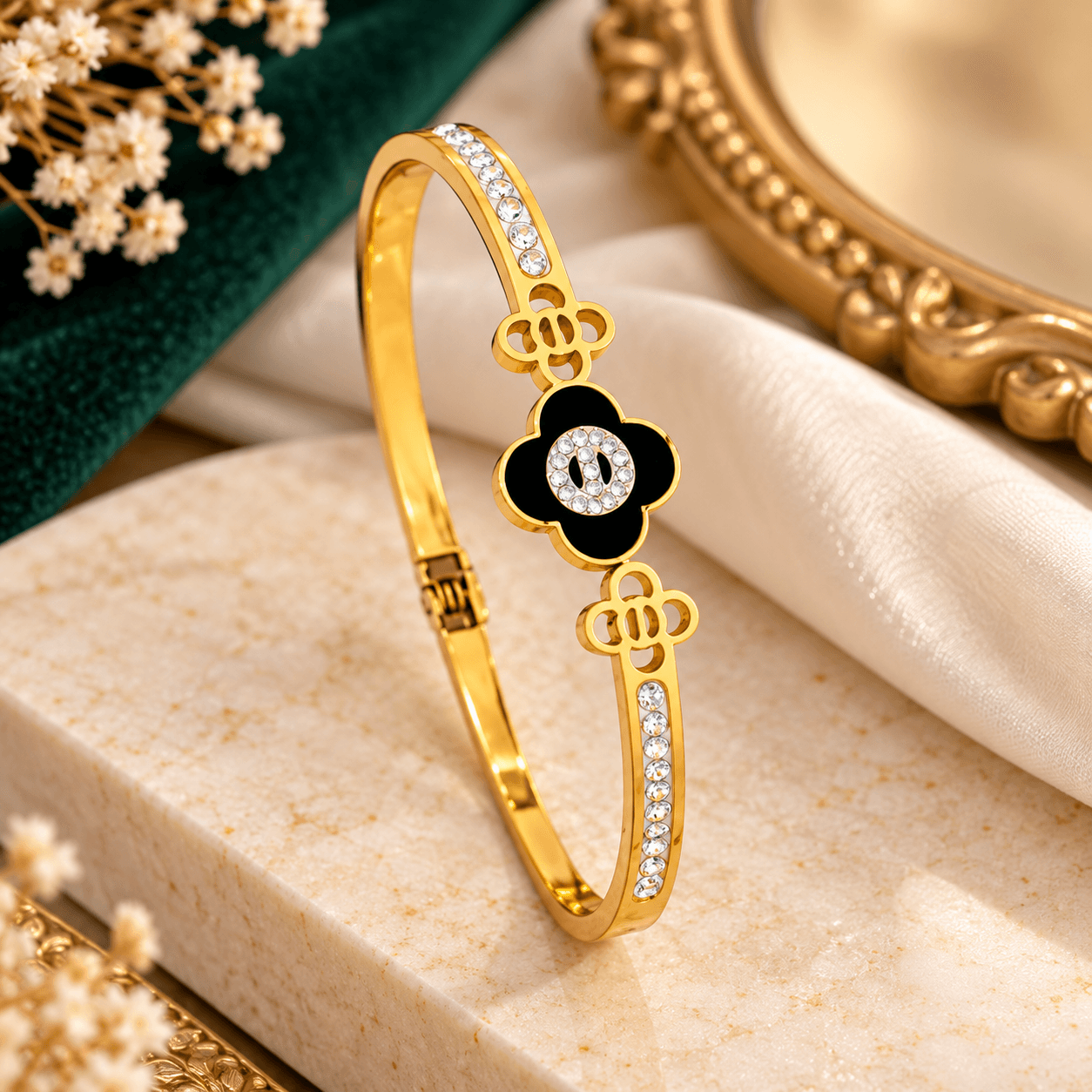 Elegant Gold Plated Black Floral Bracelet with Sparkling White Stones for Women