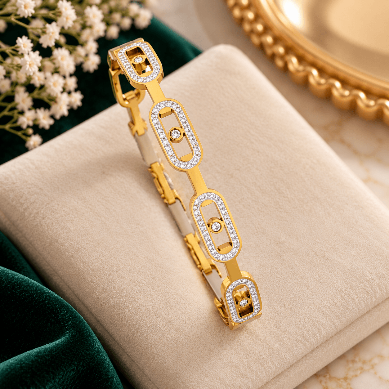 Elegant Gold Tone Geometric Link Bracelet with Sparkling White Stones for Women