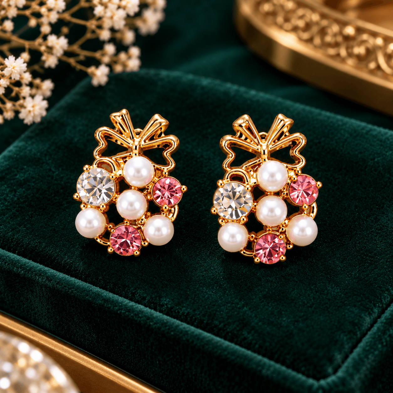 Women's Gold-Tone Bow Design Pearl and Pink Crystal Stud Earrings