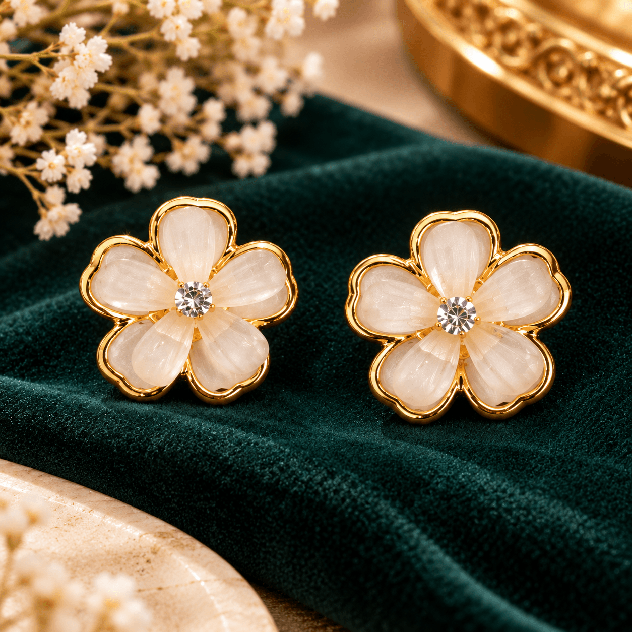 Women's Gold-Tone White Floral Stud Earrings with Pearl Finish and Sparkling Crystal Center