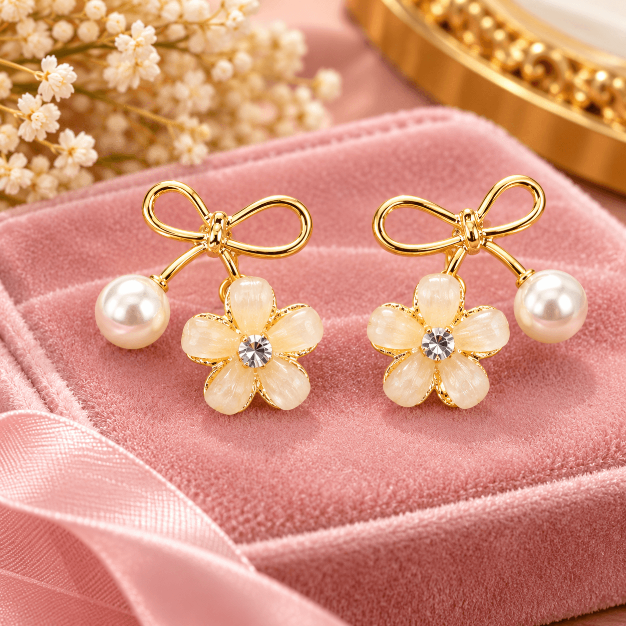  Women's Gold-Tone Bow Pearl Drop Earrings with White Floral Charm and Crystal Detailing
