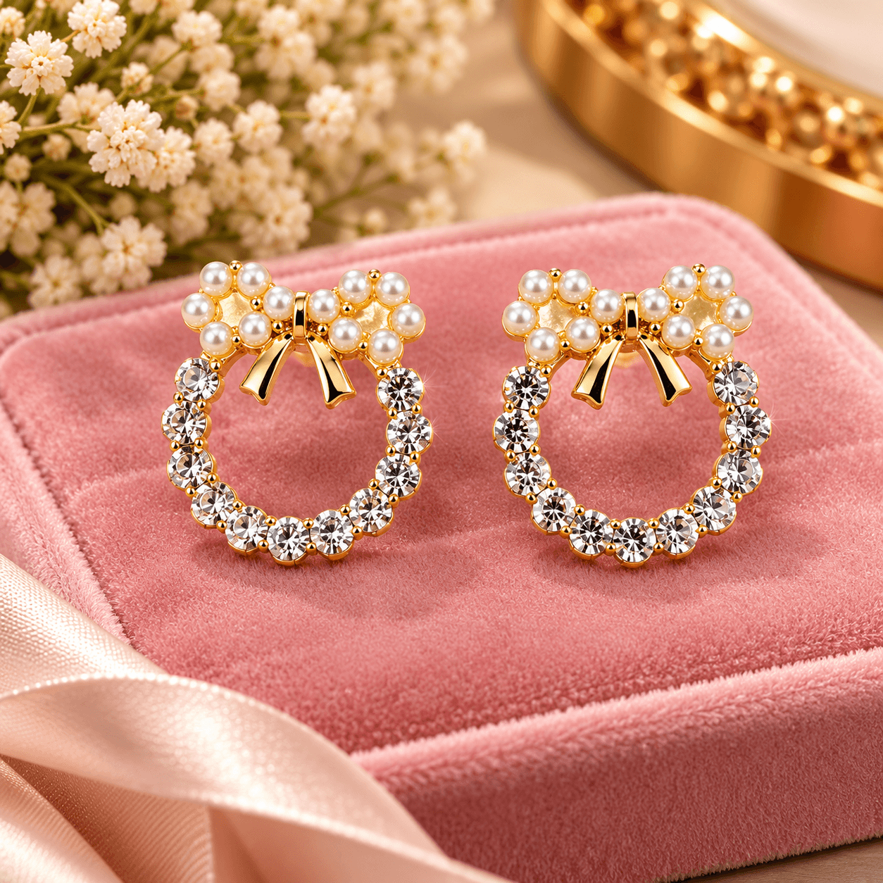 Korean Gold-Tone Pearl Bow Crystal Hoop Earrings for Girls and Women