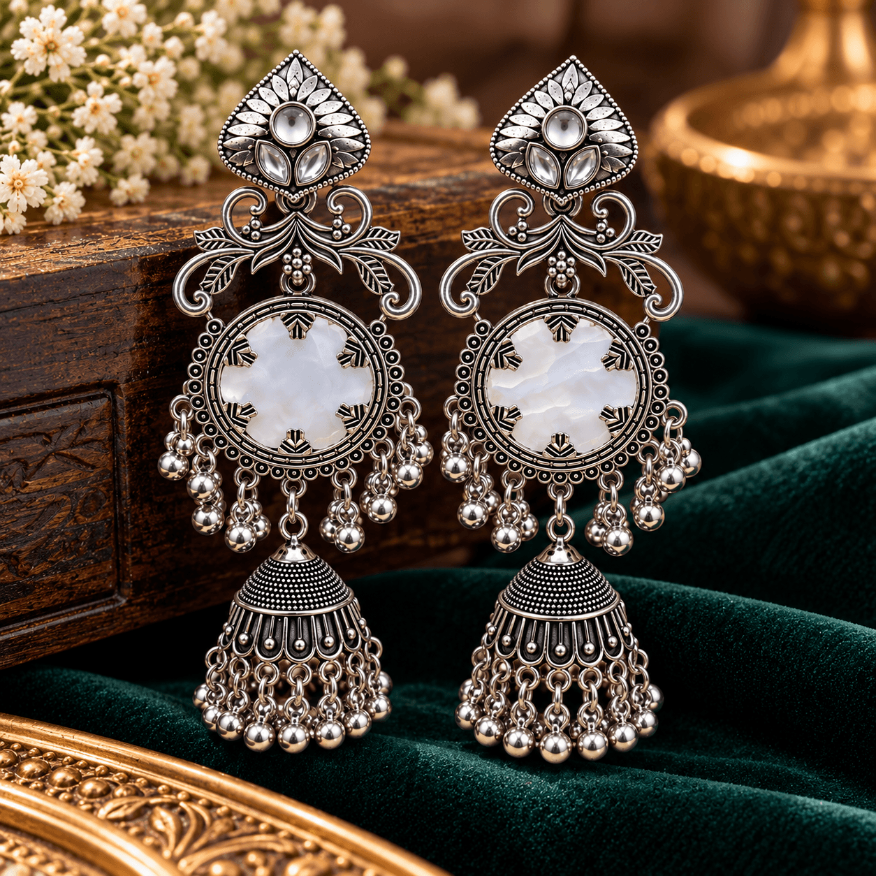 Premium  Oxidised Silver Traditional Long Jhumka Earrings with Floral Stone and Hanging Beads