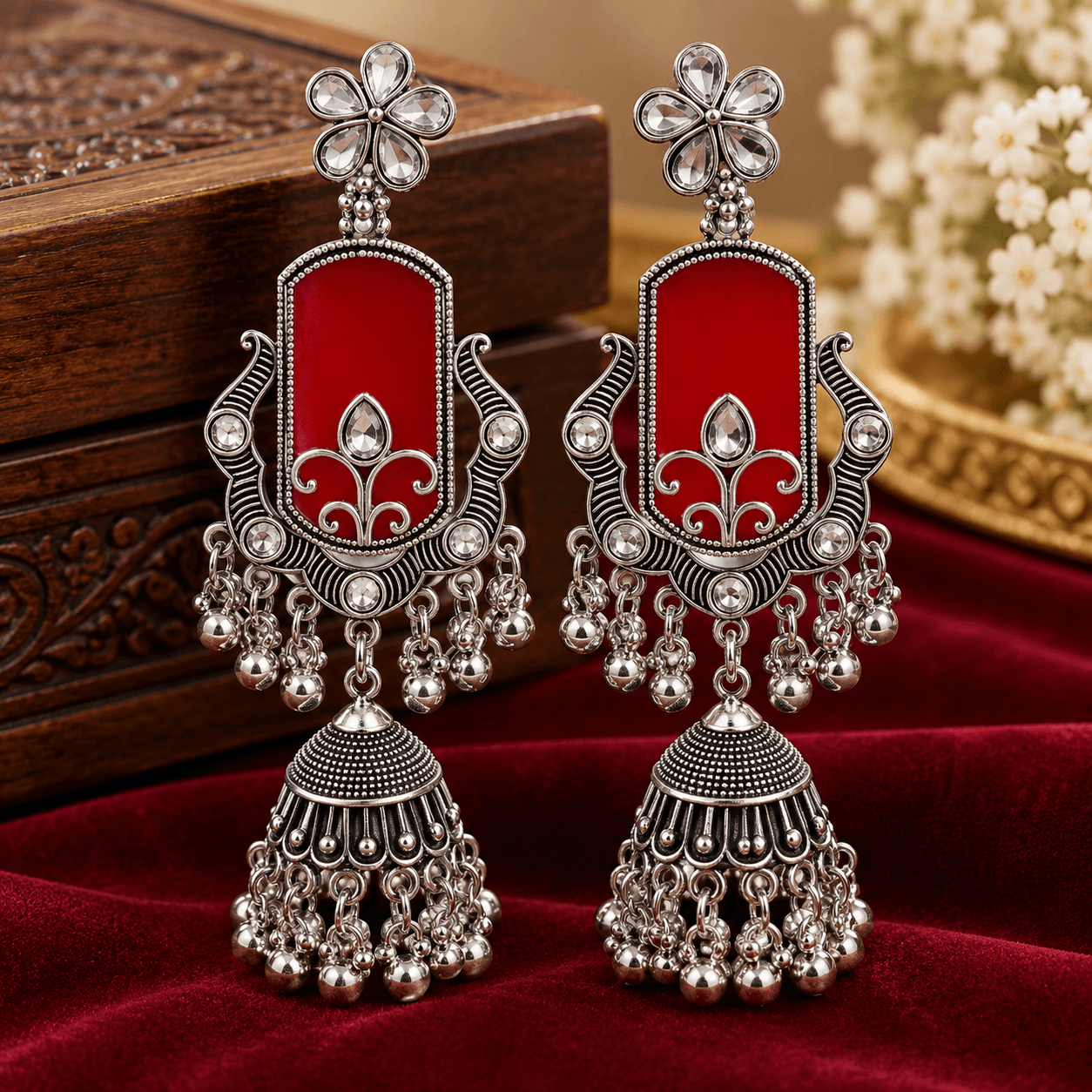  Red Oxidised Silver Long Jhumka Earrings with Floral Crystal Studs and Traditional Hanging Beads