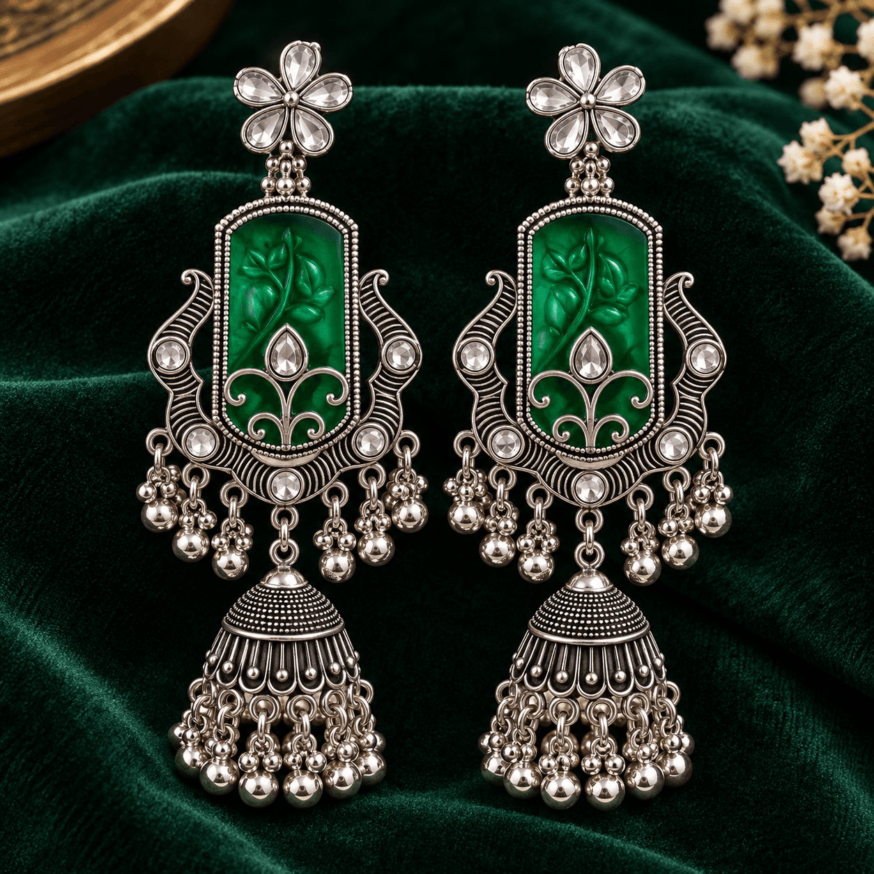  Green Stone Oxidised Silver Long Jhumka Earrings with Floral Studs and Traditional Hanging Beads