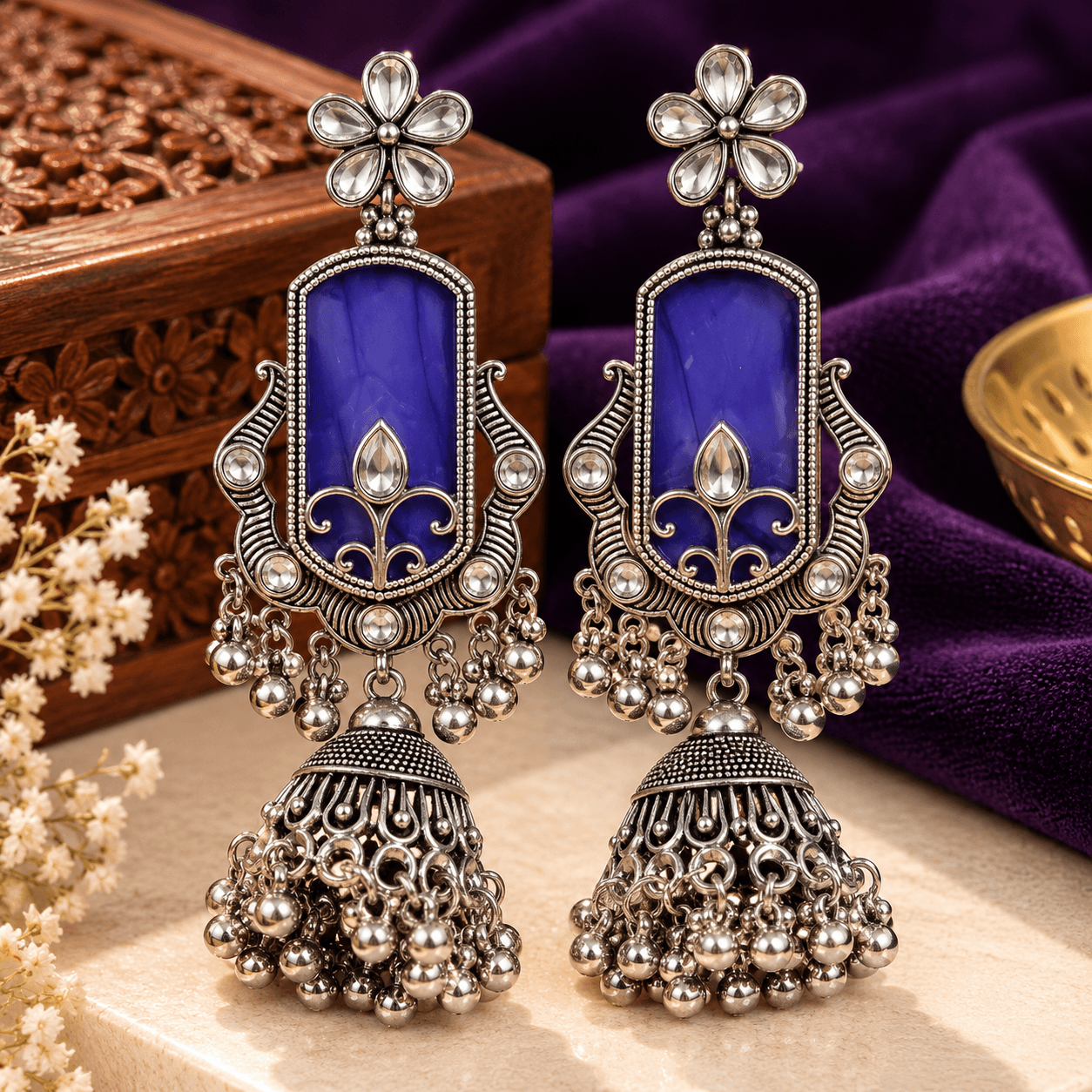 Premium Blue Violet Oxidised Silver Long Jhumka Earring with Floral Crystal Stud Hanging Bead