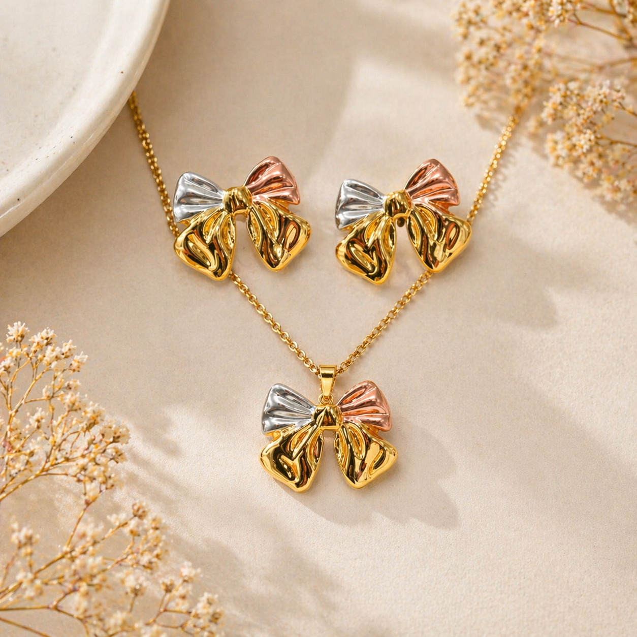 Blitz Buy Korean Anti Tarnish Gold Plated 3-Tone Necklace Set for Women