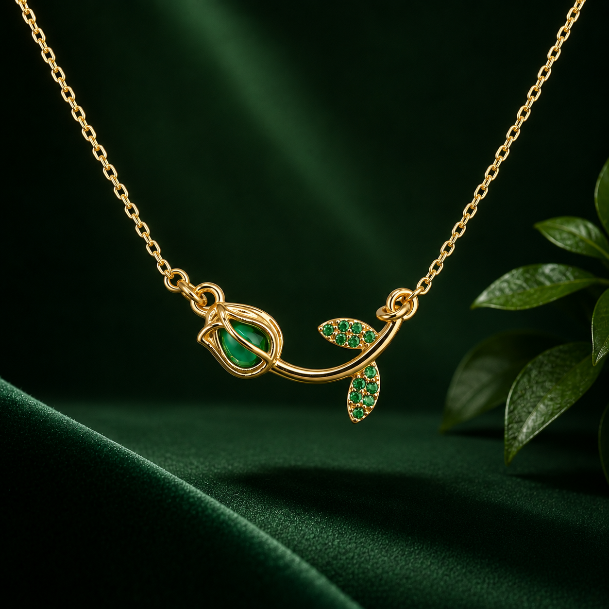 Blitz Buy Elegant Green Stone Rose Leaf Pendant Necklace for Women