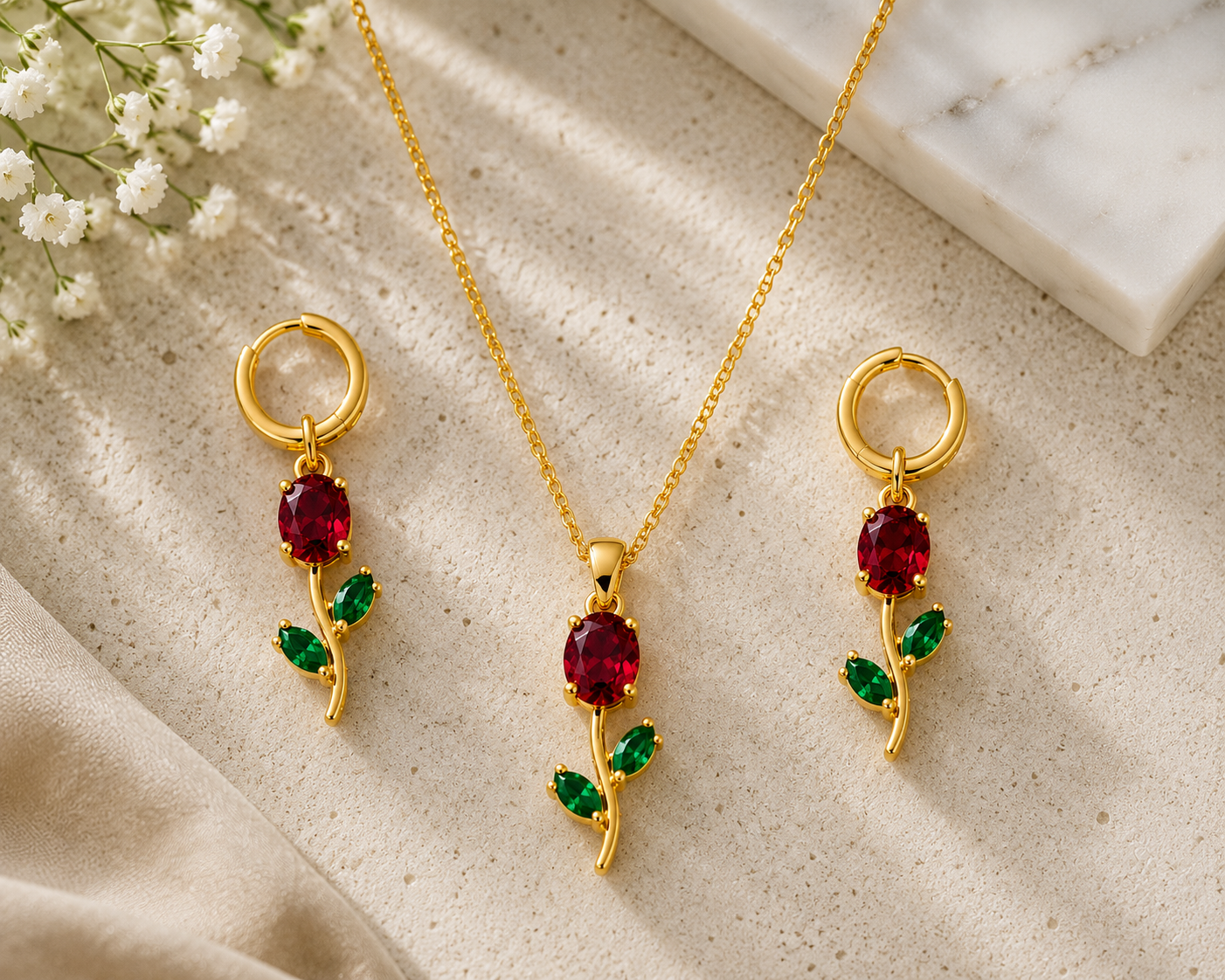 Blitz Buy Ruby Red Crystal Floral Pendant Necklace Set with Matching Earrings for Women