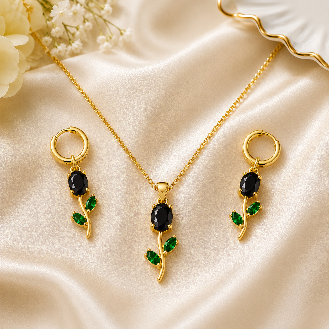  Black Stone Green Leaf Gold Plated Pendant Necklace Set with Matching Earrings for Women
