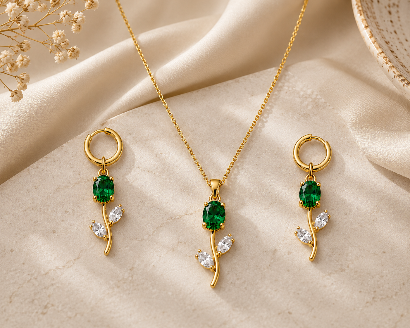 Blitz Buy Green Stone Floral Pendant Necklace Set with Matching Earrings for Women