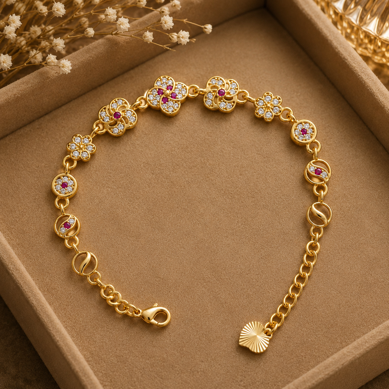 Blitz Buy Premium Brass  Italian Gold Finish Premium Floral CZ Diamond Bracelet for Women