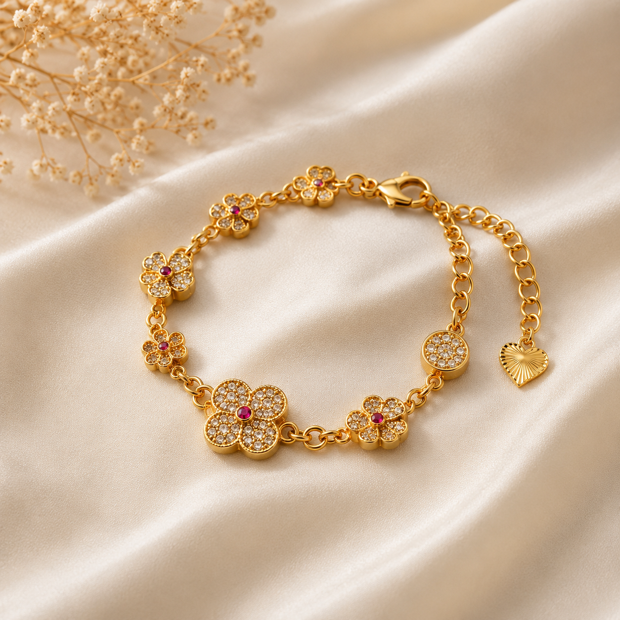 Luxury Brass Adjustable Italian Gold Finish Premium Floral CZ Diamond Bracelet for Women